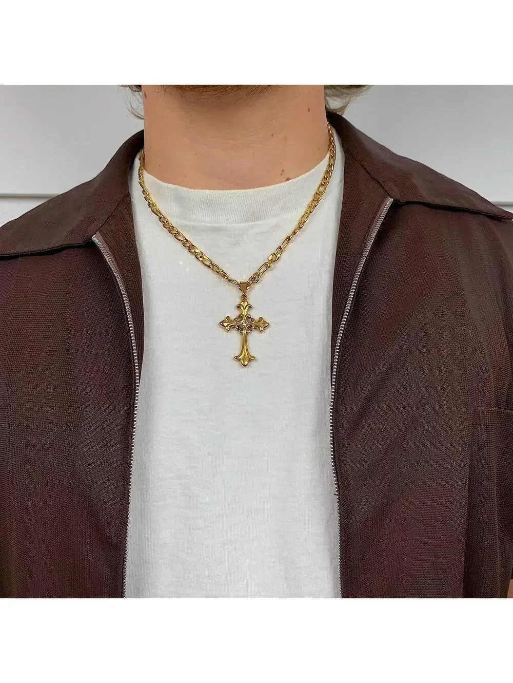 Y2K Gold Stainless Steel Cross Pendant Stone Necklace 20 Inch Unisex
